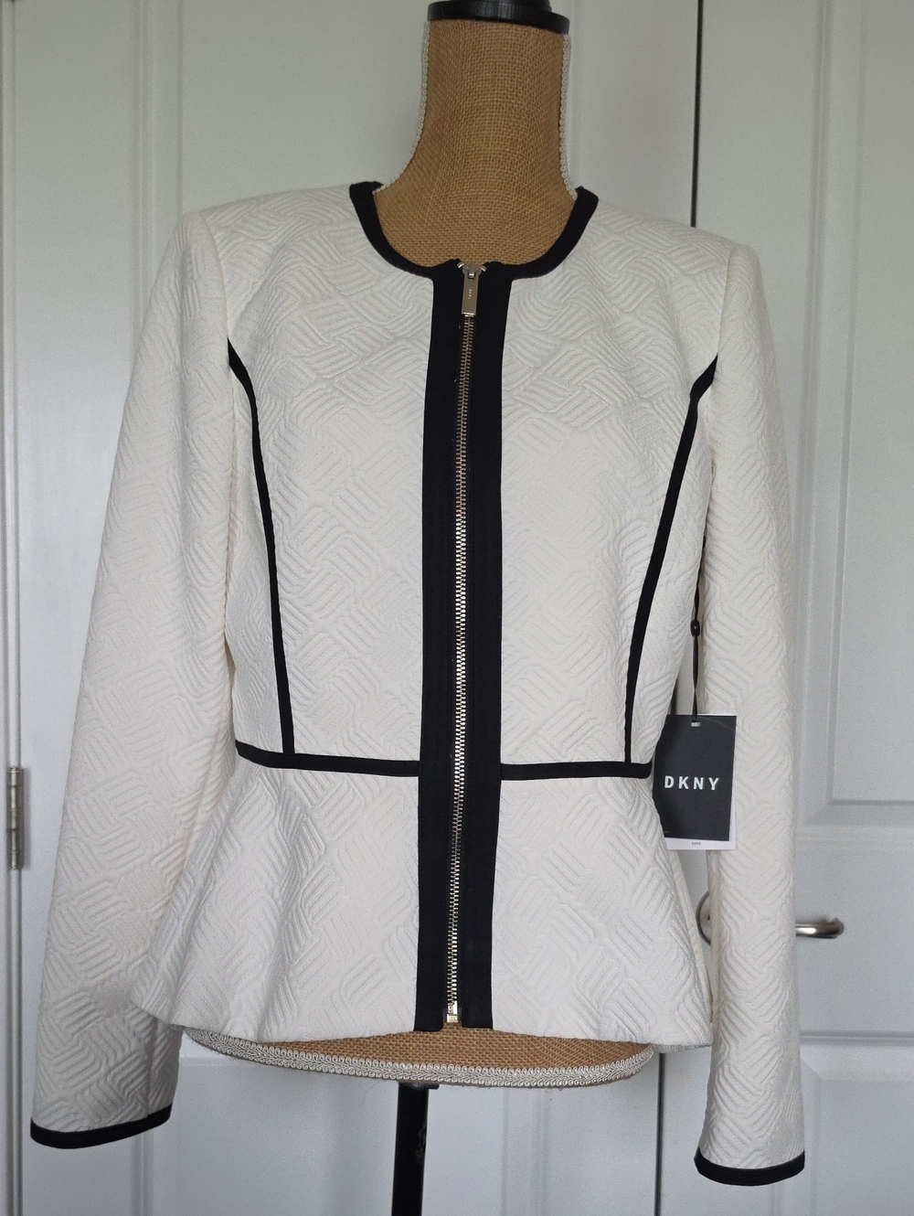 DKNY White Quilted Peplum Jacket with Black Trim
